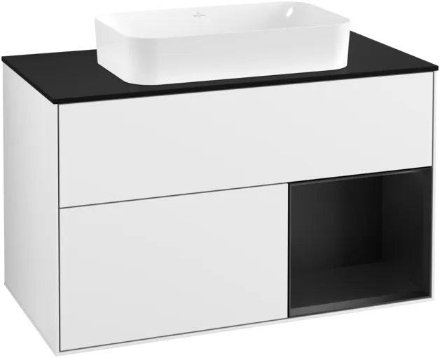 Obrázek VILLEROY BOCH Umyvadlová skříňka Finion, s osvětlením, 2 výsuvy, 1000 x 603 x 501 mm, lesklý bílý lak / černý matný lak / černé matné sklo #F252PDGF