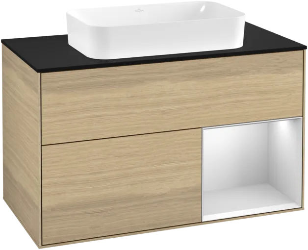 Picture of VILLEROY BOCH Finion Vanity unit, with lighting, 2 pull-out compartments, 1000 x 603 x 501 mm, Oak Veneer / White Matt Lacquer / Glass Black Matt #F252MTPC