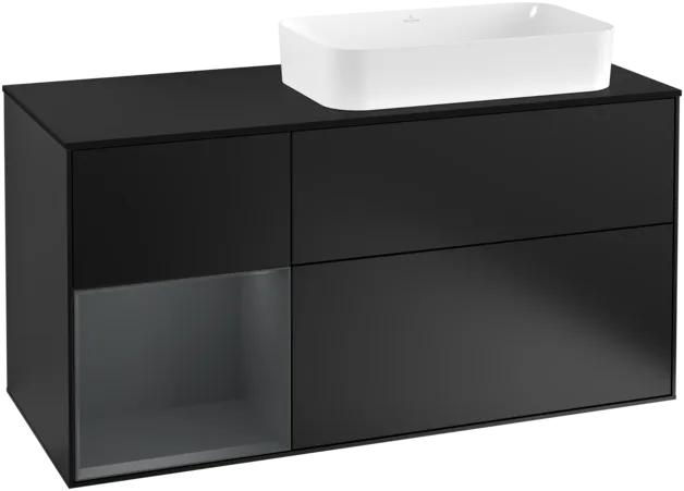 Obrázek VILLEROY BOCH Toaletní skříňka Finion, s osvětlením, 3 výsuvy, 1200 x 603 x 501 mm, černý matný lak / půlnoční modrý matný lak / černé matné sklo #F272HGPD