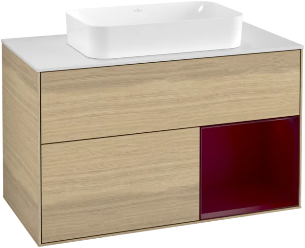 Picture of VILLEROY BOCH Finion Vanity unit, with lighting, 2 pull-out compartments, 1000 x 603 x 501 mm, Oak Veneer / Peony Matt Lacquer / Glass White Matt #F251HBPC