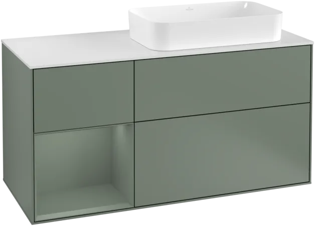 Obrázek VILLEROY BOCH Toaletní skříňka Finion, s osvětlením, 3 výsuvy, 1200 x 603 x 501 mm, olivově matný lak / olivově matný lak / sklo bílé matné #F271GMGM