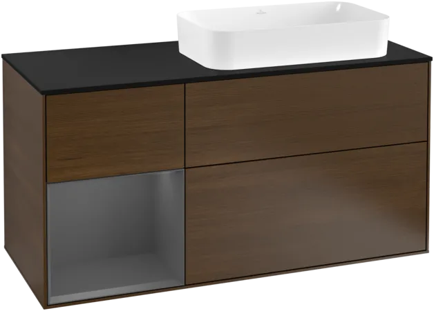 Picture of VILLEROY BOCH Finion Vanity unit, with lighting, 3 pull-out compartments, 1200 x 603 x 501 mm, Walnut Veneer / Anthracite Matt Lacquer / Glass Black Matt #F272GKGN
