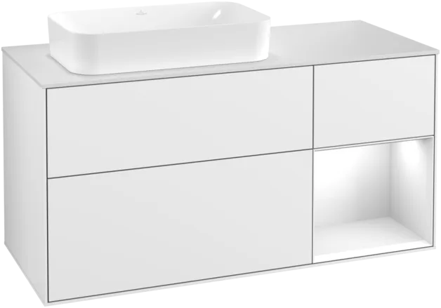 Зображення з  VILLEROY BOCH Finion Vanity unit, with lighting, 3 pull-out compartments, 1200 x 603 x 501 mm, Glossy White Lacquer / Glossy White Lacquer / Glass White Matt #F281GFGF