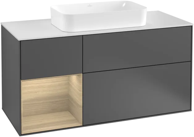 Picture of VILLEROY BOCH Finion Vanity unit, with lighting, 3 pull-out compartments, 1200 x 603 x 501 mm, Anthracite Matt Lacquer / Oak Veneer / Glass White Matt #F291PCGK