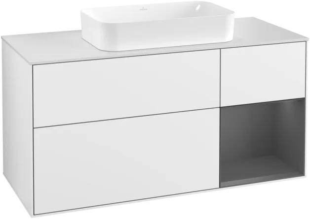 Picture of VILLEROY BOCH Finion Vanity unit, with lighting, 3 pull-out compartments, 1200 x 603 x 501 mm, Glossy White Lacquer / Anthracite Matt Lacquer / Glass White Matt #F301GKGF