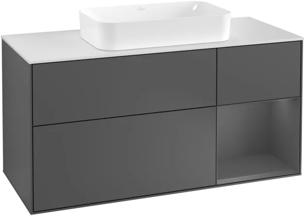 VILLEROY BOCH Finion Vanity unit, with lighting, 3 pull-out compartments, 1200 x 603 x 501 mm, Anthracite Matt Lacquer / Anthracite Matt Lacquer / Glass White Matt #F301GKGK resmi