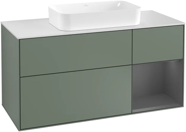 Зображення з  VILLEROY BOCH Finion Vanity unit, with lighting, 3 pull-out compartments, 1200 x 603 x 501 mm, Olive Matt Lacquer / Anthracite Matt Lacquer / Glass White Matt #F301GKGM
