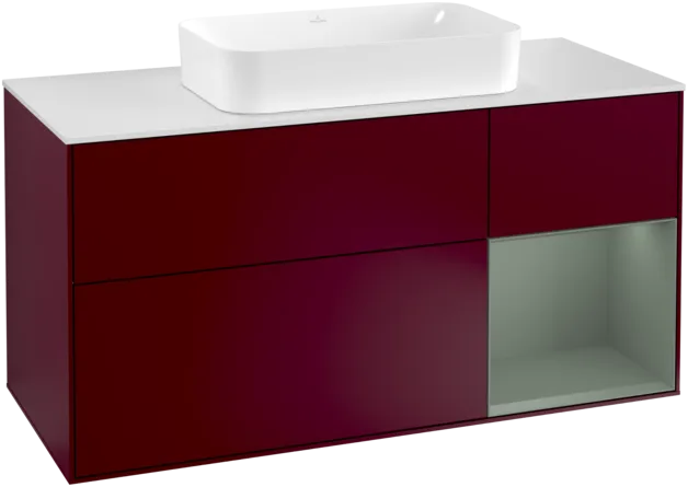 Зображення з  VILLEROY BOCH Finion Vanity unit, with lighting, 3 pull-out compartments, 1200 x 603 x 501 mm, Peony Matt Lacquer / Olive Matt Lacquer / Glass White Matt #F301GMHB