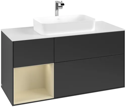 Obrázek VILLEROY BOCH Toaletní skříňka Finion, s osvětlením, 3 výsuvy, 1200 x 603 x 501 mm, černý matný lak / hedvábně šedý matný lak / bílé matné sklo #F291HJPD