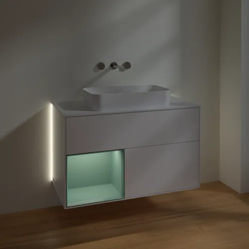 Picture of VILLEROY BOCH Finion Vanity unit, with lighting, 2 pull-out compartments, 1000 x 603 x 501 mm, White Matt Lacquer / Olive Matt Lacquer / Glass White Matt #G651GMMT