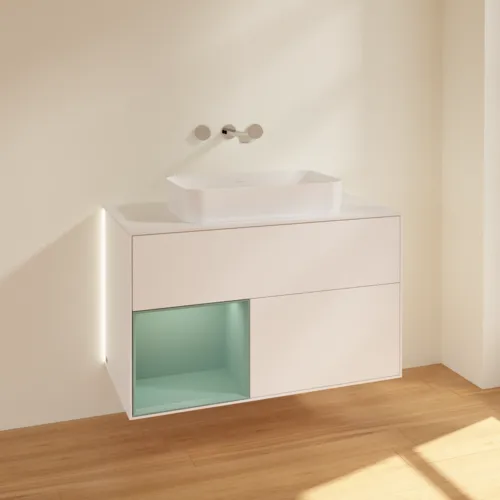 Picture of VILLEROY BOCH Finion Vanity unit, with lighting, 2 pull-out compartments, 1000 x 603 x 501 mm, White Matt Lacquer / Olive Matt Lacquer / Glass White Matt #G651GMMT