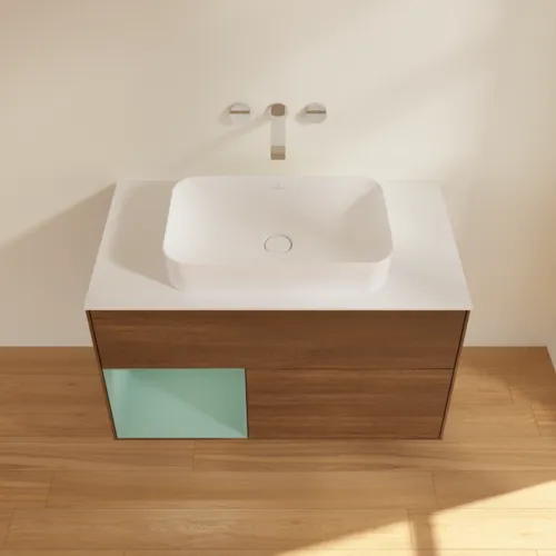 Bild von VILLEROY BOCH Finion Waschbeckenunterschrank, mit Beleuchtung, 2 Auszüge, 1000 x 603 x 501 mm, Walnut Veneer / Olive Matt Lacquer / Glass White Matt #G651GMGN