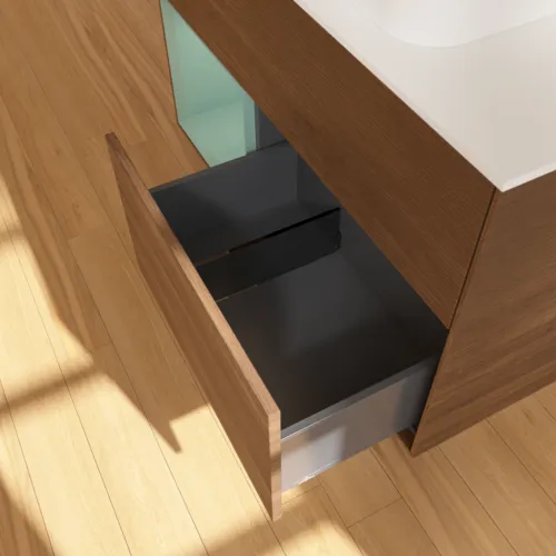 Bild von VILLEROY BOCH Finion Waschbeckenunterschrank, mit Beleuchtung, 2 Auszüge, 1000 x 603 x 501 mm, Walnut Veneer / Olive Matt Lacquer / Glass White Matt #G651GMGN