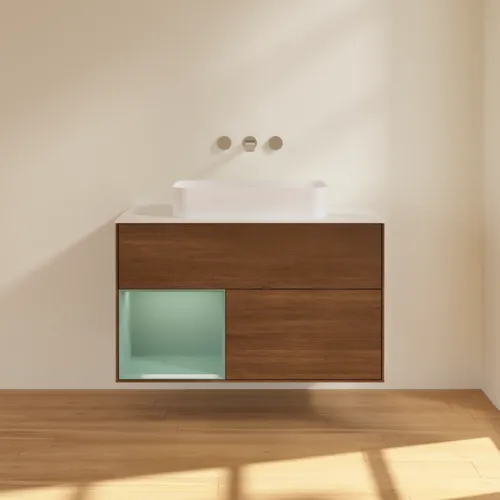 Bild von VILLEROY BOCH Finion Waschbeckenunterschrank, mit Beleuchtung, 2 Auszüge, 1000 x 603 x 501 mm, Walnut Veneer / Olive Matt Lacquer / Glass White Matt #G651GMGN