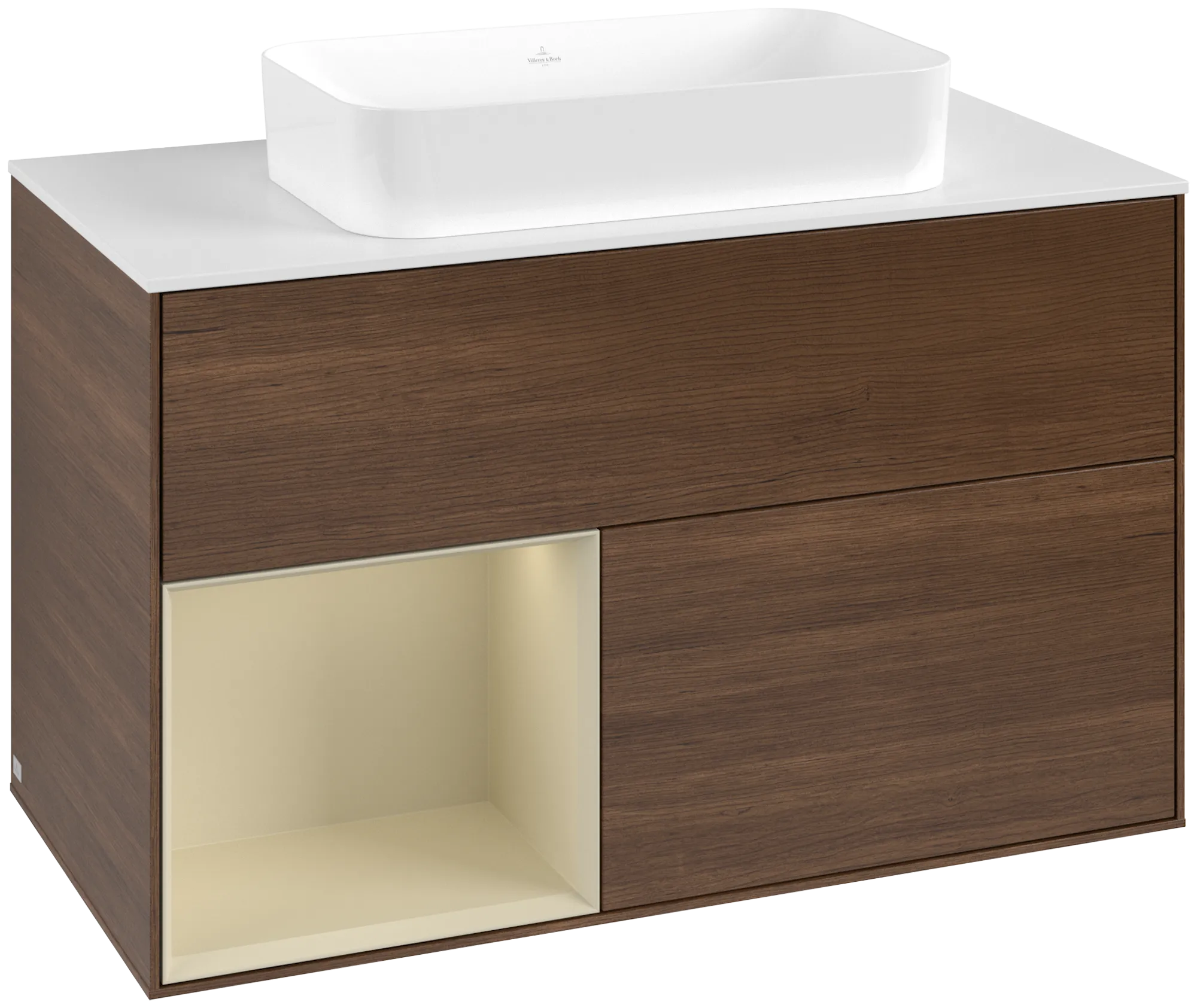 Picture of VILLEROY BOCH Finion Vanity unit, with lighting, 2 pull-out compartments, 1000 x 603 x 501 mm, Walnut Veneer / Silk Grey Matt Lacquer / Glass White Matt #G651HJGN