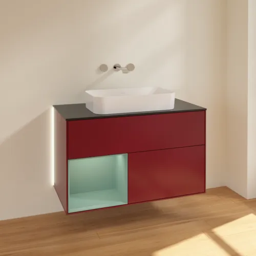 Bild von VILLEROY BOCH Finion Waschbeckenunterschrank, mit Beleuchtung, 2 Auszüge, 1000 x 603 x 501 mm, Peony Matt Lacquer / Olive Matt Lacquer / Glass Black Matt #G652GMHB