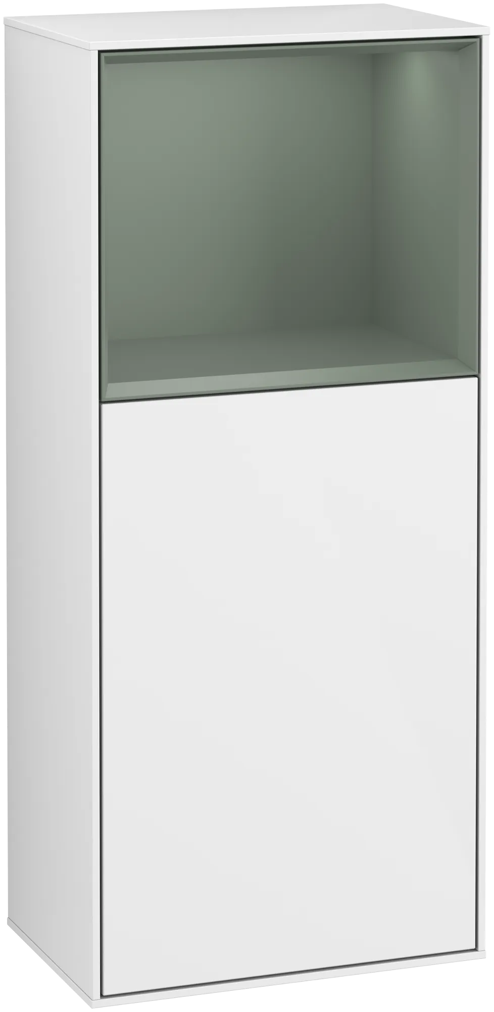 Picture of VILLEROY BOCH Finion Side cabinet, with lighting, 1 door, 418 x 936 x 270 mm, Glossy White Lacquer / Olive Matt Lacquer #G510GMGF