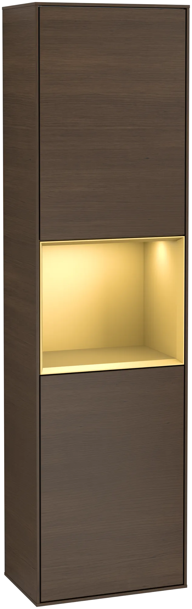 VILLEROY BOCH Finion Tall cabinet, with lighting, 2 doors, 418 x 1516 x 270 mm, Walnut Veneer / Gold Matt Lacquer #G470HFGN resmi
