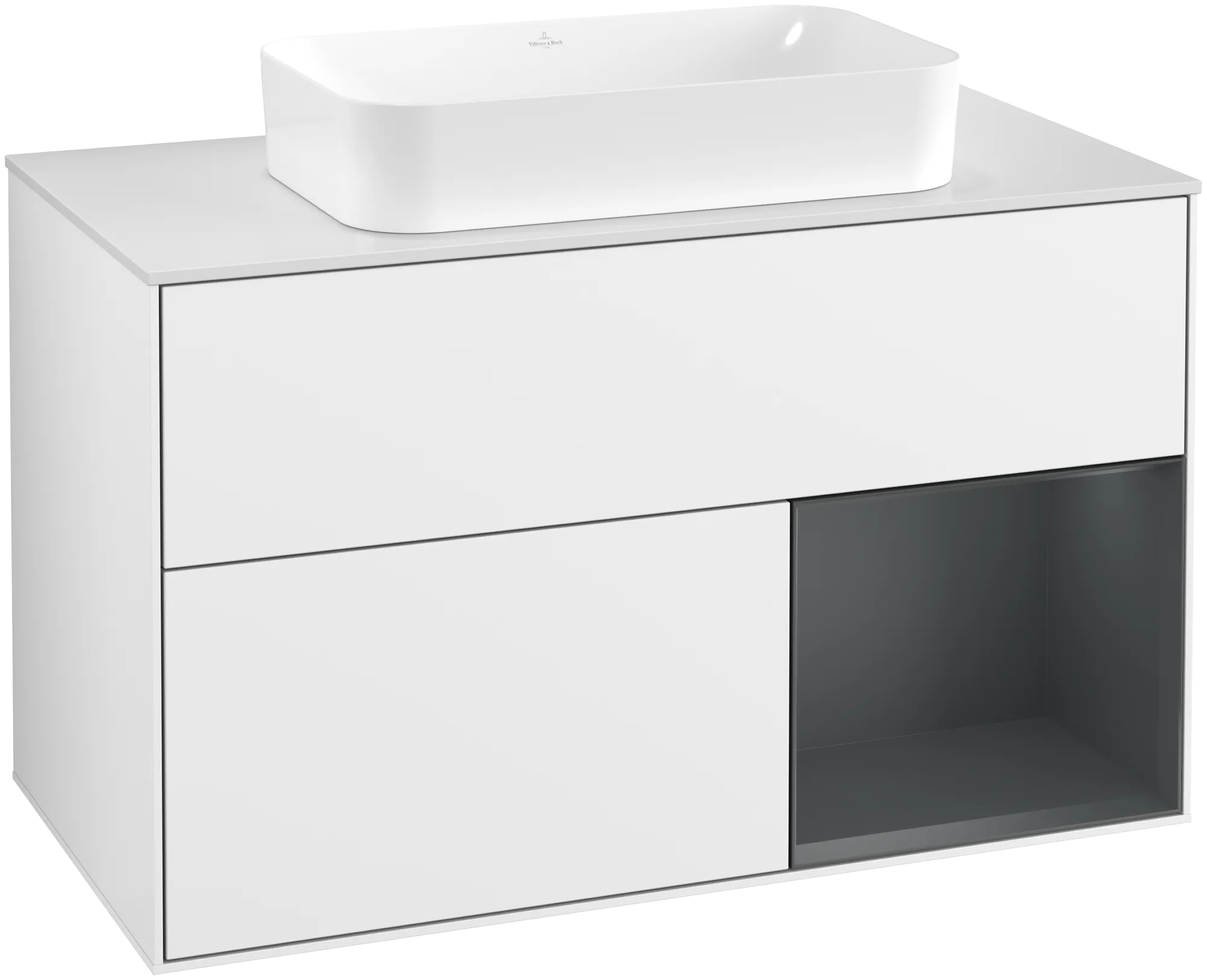 Picture of VILLEROY BOCH Finion Vanity unit, with lighting, 2 pull-out compartments, 1000 x 603 x 501 mm, Glossy White Lacquer / Midnight Blue Matt Lacquer / Glass White Matt #G661HGGF