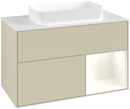 Picture of VILLEROY BOCH Finion Vanity unit, with lighting, 2 pull-out compartments, 1000 x 603 x 501 mm, Silk Grey Matt Lacquer / Glossy White Lacquer / Glass White Matt #G661GFHJ