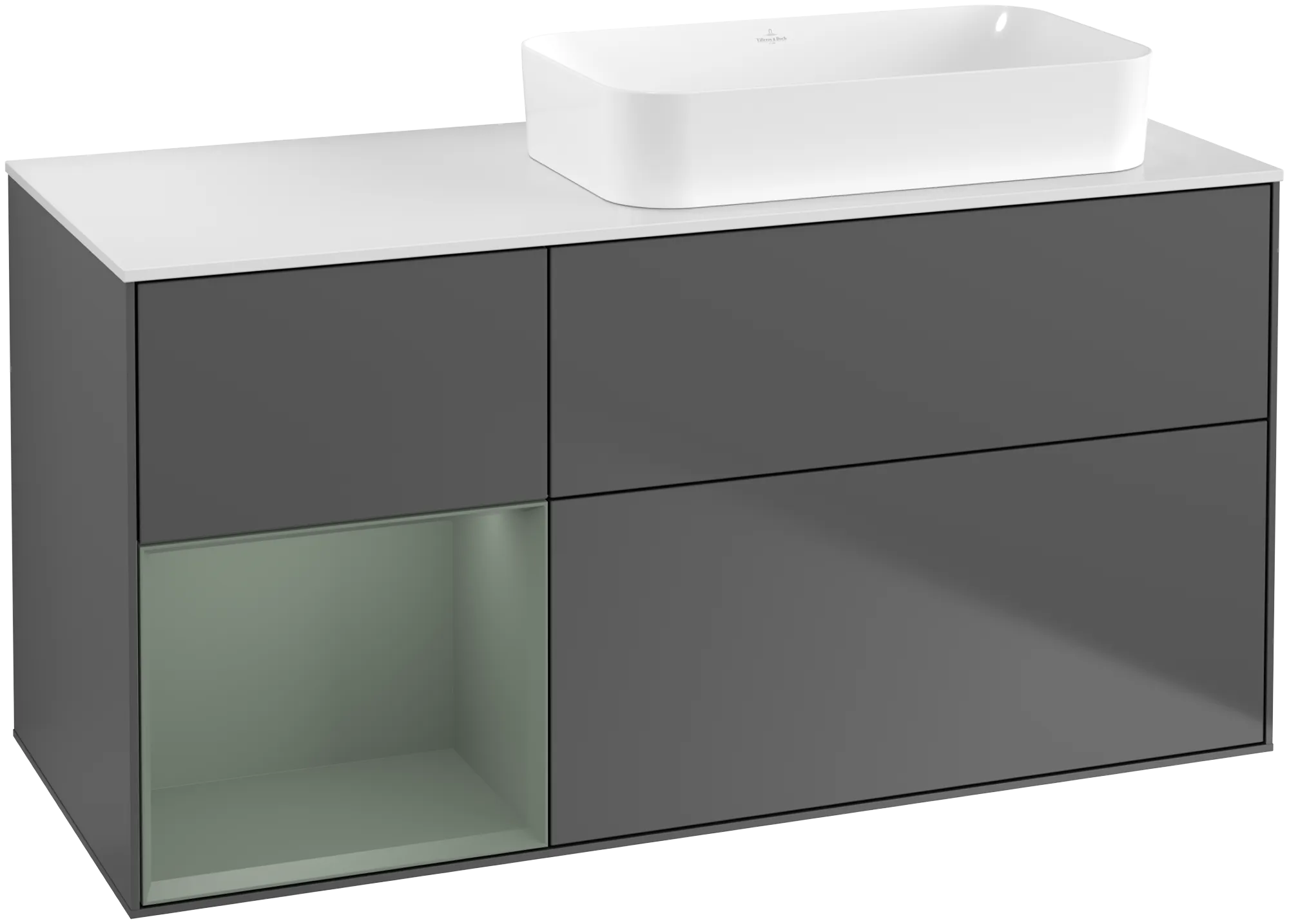 Picture of VILLEROY BOCH Finion Vanity unit, with lighting, 3 pull-out compartments, 1200 x 603 x 501 mm, Anthracite Matt Lacquer / Olive Matt Lacquer / Glass White Matt #G681GMGK