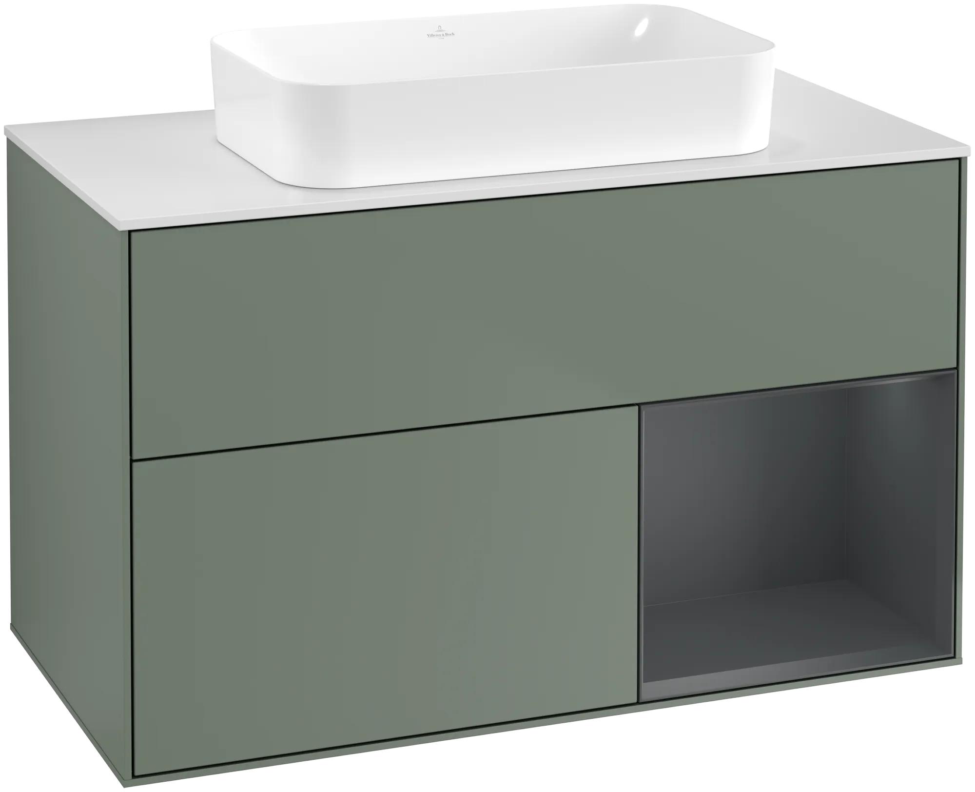 Picture of VILLEROY BOCH Finion Vanity unit, with lighting, 2 pull-out compartments, 1000 x 603 x 501 mm, Olive Matt Lacquer / Midnight Blue Matt Lacquer / Glass White Matt #G661HGGM