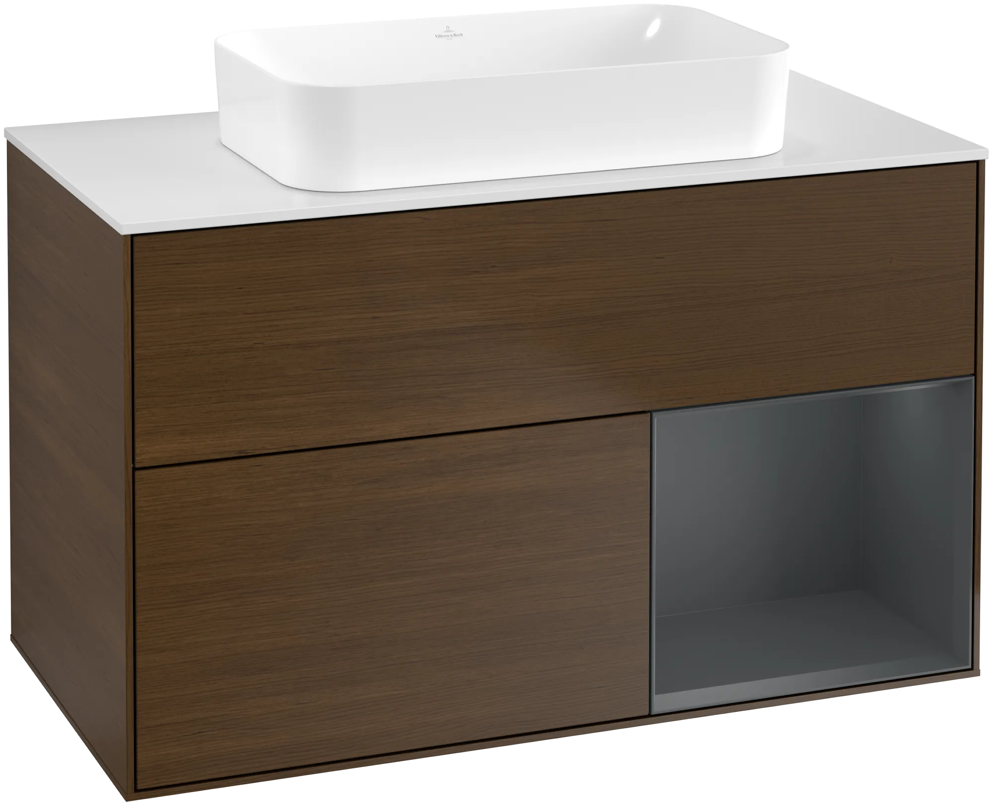 Picture of VILLEROY BOCH Finion Vanity unit, with lighting, 2 pull-out compartments, 1000 x 603 x 501 mm, Walnut Veneer / Midnight Blue Matt Lacquer / Glass White Matt #G661HGGN