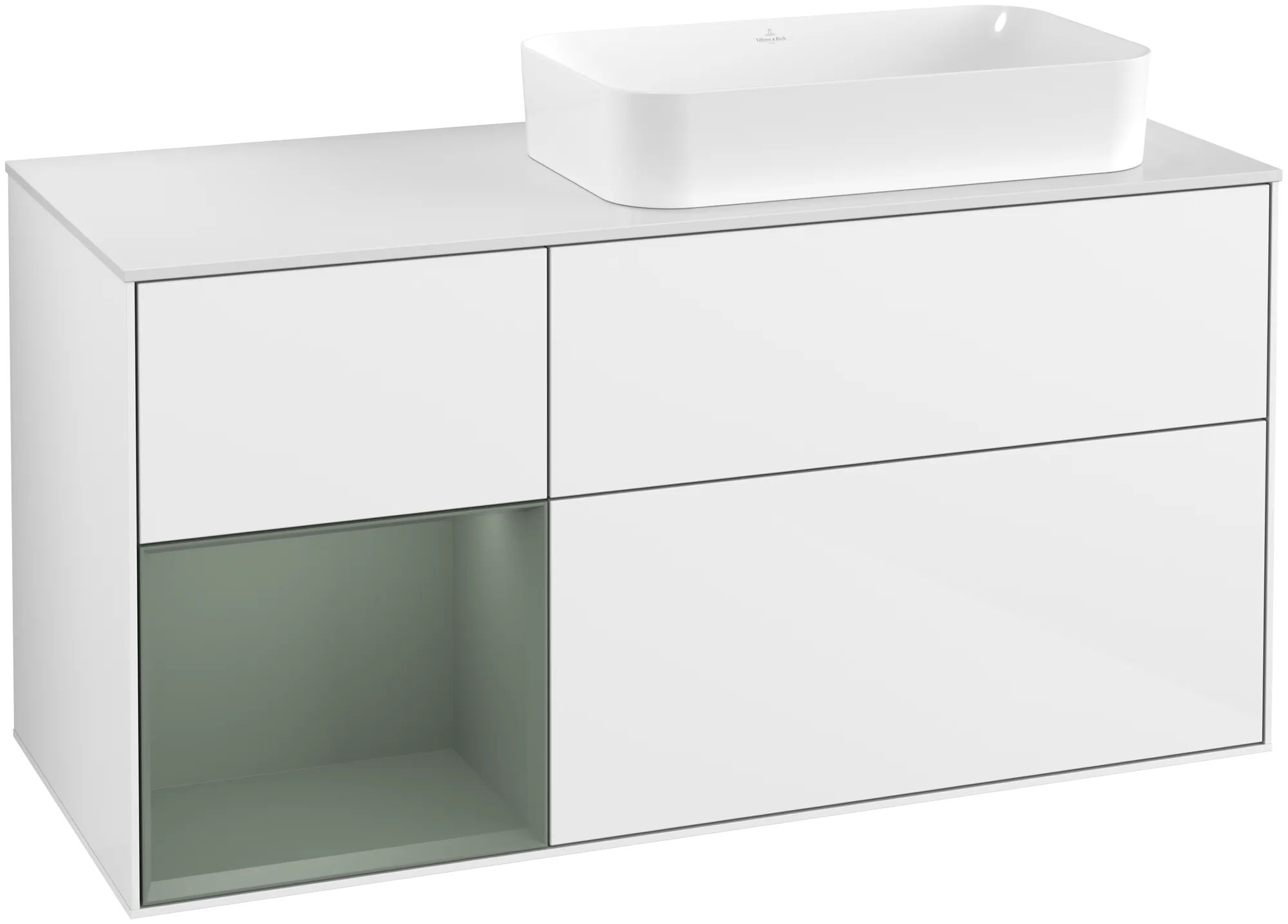 Picture of VILLEROY BOCH Finion Vanity unit, with lighting, 3 pull-out compartments, 1200 x 603 x 501 mm, Glossy White Lacquer / Olive Matt Lacquer / Glass White Matt #G681GMGF