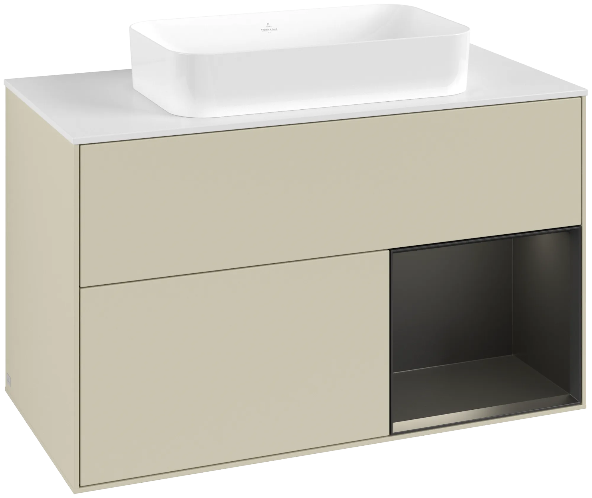 Picture of VILLEROY BOCH Finion Vanity unit, with lighting, 2 pull-out compartments, 1000 x 603 x 501 mm, Silk Grey Matt Lacquer / Black Matt Lacquer / Glass White Matt #G661PDHJ