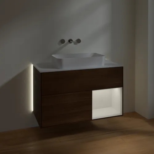 Bild von VILLEROY BOCH Finion Waschbeckenunterschrank, mit Beleuchtung, 2 Auszüge, 1000 x 603 x 501 mm, Walnut Veneer / Glossy White Lacquer / Glass White Matt #G661GFGN