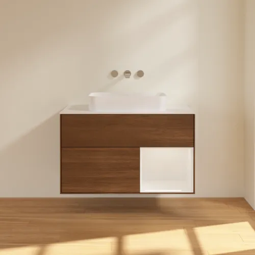 Bild von VILLEROY BOCH Finion Waschbeckenunterschrank, mit Beleuchtung, 2 Auszüge, 1000 x 603 x 501 mm, Walnut Veneer / Glossy White Lacquer / Glass White Matt #G661GFGN