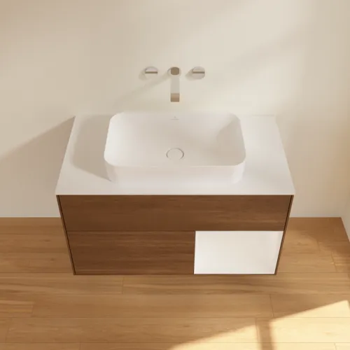 Bild von VILLEROY BOCH Finion Waschbeckenunterschrank, mit Beleuchtung, 2 Auszüge, 1000 x 603 x 501 mm, Walnut Veneer / Glossy White Lacquer / Glass White Matt #G661GFGN