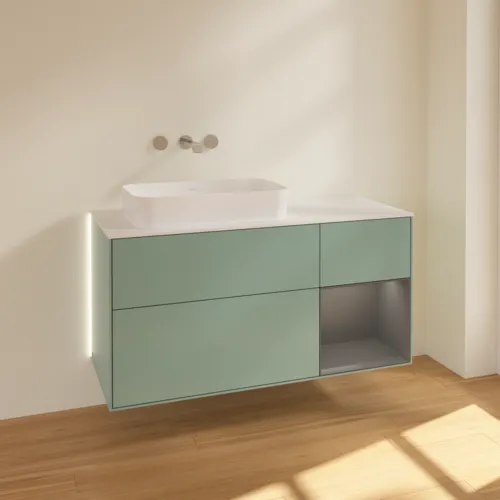 Bild von VILLEROY BOCH Finion Waschbeckenunterschrank, mit Beleuchtung, 3 Auszüge, 1200 x 603 x 501 mm, Olive Matt Lacquer / Anthracite Matt Lacquer / Glass White Matt #G691GKGM