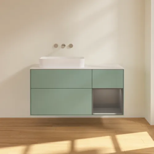 Bild von VILLEROY BOCH Finion Waschbeckenunterschrank, mit Beleuchtung, 3 Auszüge, 1200 x 603 x 501 mm, Olive Matt Lacquer / Anthracite Matt Lacquer / Glass White Matt #G691GKGM