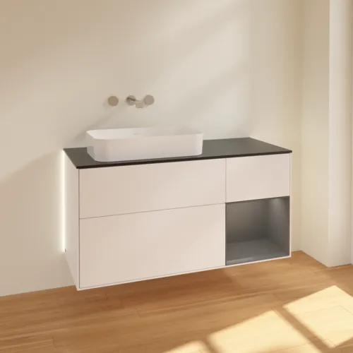 Bild von VILLEROY BOCH Finion Waschbeckenunterschrank, mit Beleuchtung, 3 Auszüge, 1200 x 603 x 501 mm, White Matt Lacquer / Anthracite Matt Lacquer / Glass Black Matt #G692GKMT