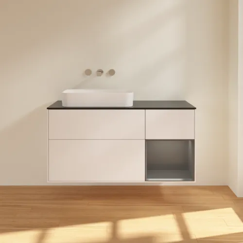 Bild von VILLEROY BOCH Finion Waschbeckenunterschrank, mit Beleuchtung, 3 Auszüge, 1200 x 603 x 501 mm, White Matt Lacquer / Anthracite Matt Lacquer / Glass Black Matt #G692GKMT