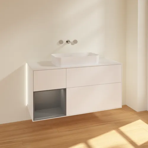 Bild von VILLEROY BOCH Finion Waschbeckenunterschrank, mit Beleuchtung, 3 Auszüge, 1200 x 603 x 501 mm, White Matt Lacquer / Anthracite Matt Lacquer / Glass White Matt #G701GKMT