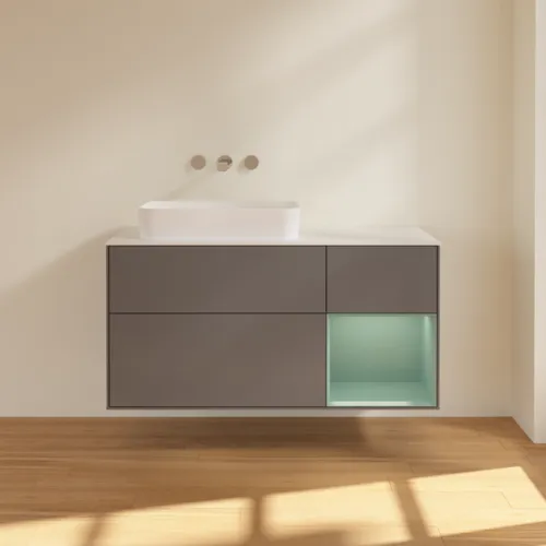 Bild von VILLEROY BOCH Finion Waschbeckenunterschrank, mit Beleuchtung, 3 Auszüge, 1200 x 603 x 501 mm, Anthracite Matt Lacquer / Olive Matt Lacquer / Glass White Matt #G691GMGK