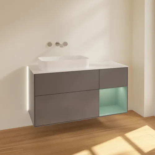Bild von VILLEROY BOCH Finion Waschbeckenunterschrank, mit Beleuchtung, 3 Auszüge, 1200 x 603 x 501 mm, Anthracite Matt Lacquer / Olive Matt Lacquer / Glass White Matt #G691GMGK