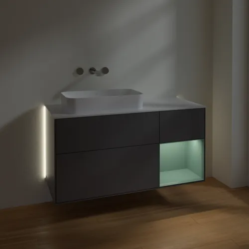 Bild von VILLEROY BOCH Finion Waschbeckenunterschrank, mit Beleuchtung, 3 Auszüge, 1200 x 603 x 501 mm, Anthracite Matt Lacquer / Olive Matt Lacquer / Glass White Matt #G691GMGK