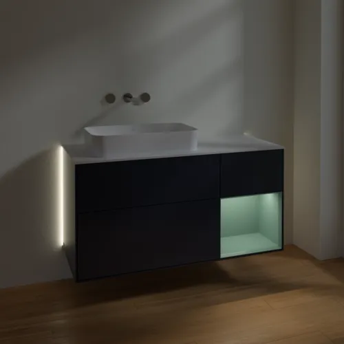 Bild von VILLEROY BOCH Finion Waschbeckenunterschrank, mit Beleuchtung, 3 Auszüge, 1200 x 603 x 501 mm, Midnight Blue Matt Lacquer / Olive Matt Lacquer / Glass White Matt #G691GMHG