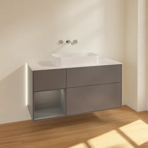 Bild von VILLEROY BOCH Finion Waschbeckenunterschrank, mit Beleuchtung, 3 Auszüge, 1200 x 603 x 501 mm, Anthracite Matt Lacquer / Anthracite Matt Lacquer / Glass White Matt #G701GKGK