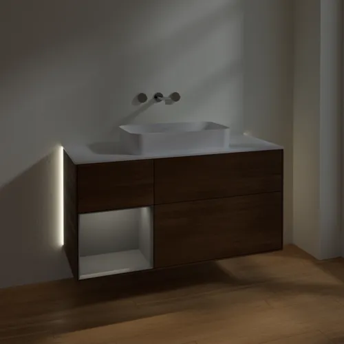 VILLEROY BOCH Finion Waschbeckenunterschrank, mit Beleuchtung, 3 Auszüge, 1200 x 603 x 501 mm, Walnut Veneer / Anthracite Matt Lacquer / Glass White Matt #G701GKGN, Bild 5