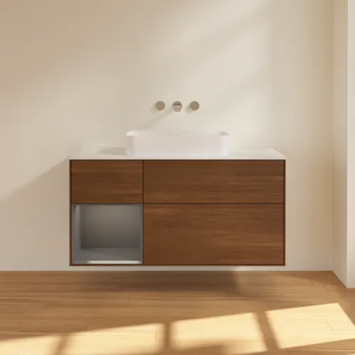 VILLEROY BOCH Finion Waschbeckenunterschrank, mit Beleuchtung, 3 Auszüge, 1200 x 603 x 501 mm, Walnut Veneer / Anthracite Matt Lacquer / Glass White Matt #G701GKGN, Bild 3