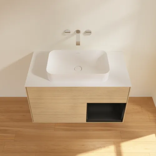 Bild von VILLEROY BOCH Finion Waschbeckenunterschrank, mit Beleuchtung, 2 Auszüge, 1000 x 603 x 501 mm, Oak Veneer / Black Matt Lacquer / Glass White Matt #G661PDPC