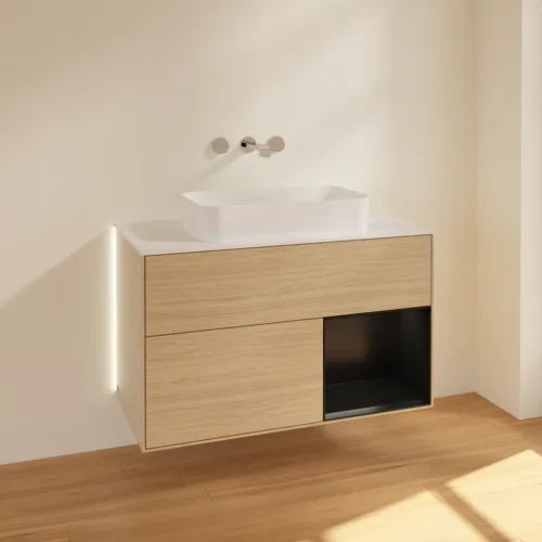 Bild von VILLEROY BOCH Finion Waschbeckenunterschrank, mit Beleuchtung, 2 Auszüge, 1000 x 603 x 501 mm, Oak Veneer / Black Matt Lacquer / Glass White Matt #G661PDPC