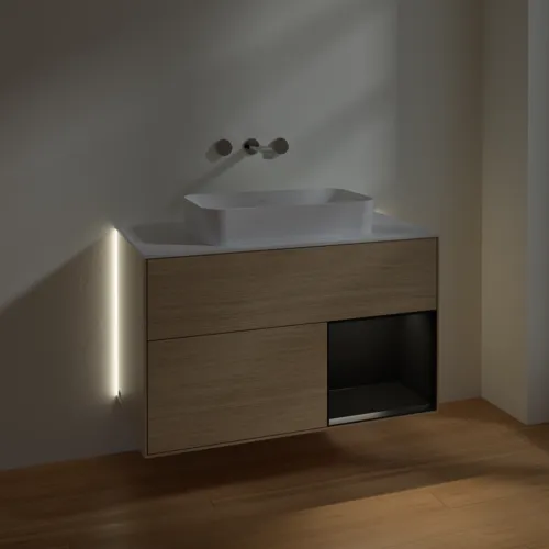 Bild von VILLEROY BOCH Finion Waschbeckenunterschrank, mit Beleuchtung, 2 Auszüge, 1000 x 603 x 501 mm, Oak Veneer / Black Matt Lacquer / Glass White Matt #G661PDPC