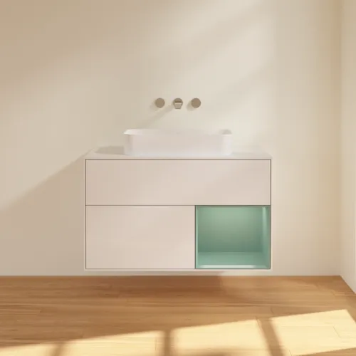 Bild von VILLEROY BOCH Finion Waschbeckenunterschrank, mit Beleuchtung, 2 Auszüge, 1000 x 603 x 501 mm, Glossy White Lacquer / Olive Matt Lacquer / Glass White Matt #G661GMGF