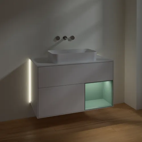 Bild von VILLEROY BOCH Finion Waschbeckenunterschrank, mit Beleuchtung, 2 Auszüge, 1000 x 603 x 501 mm, Glossy White Lacquer / Olive Matt Lacquer / Glass White Matt #G661GMGF