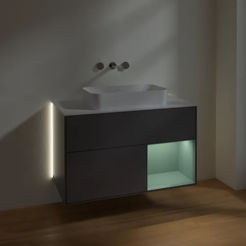 Bild von VILLEROY BOCH Finion Waschbeckenunterschrank, mit Beleuchtung, 2 Auszüge, 1000 x 603 x 501 mm, Anthracite Matt Lacquer / Olive Matt Lacquer / Glass White Matt #G661GMGK
